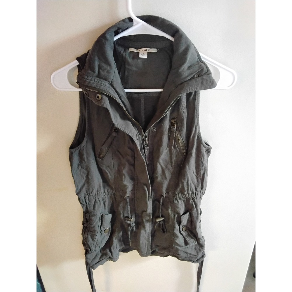 Mi Ami Womens Utility Vest Jacket Olive Green Full Zip Drawstring Waist Small